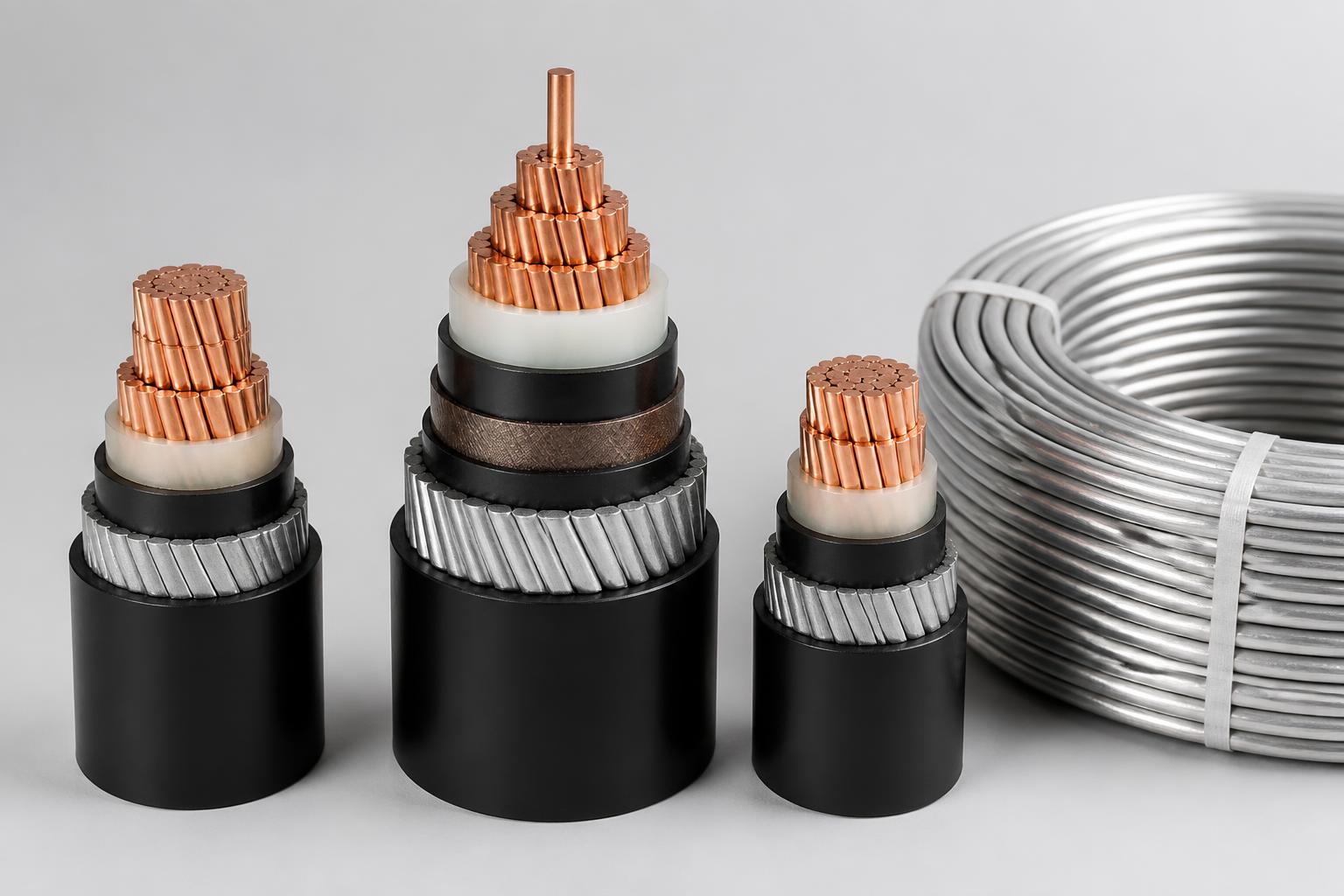 Cross-sections of armoured power cables beside a coil of aluminium conductor