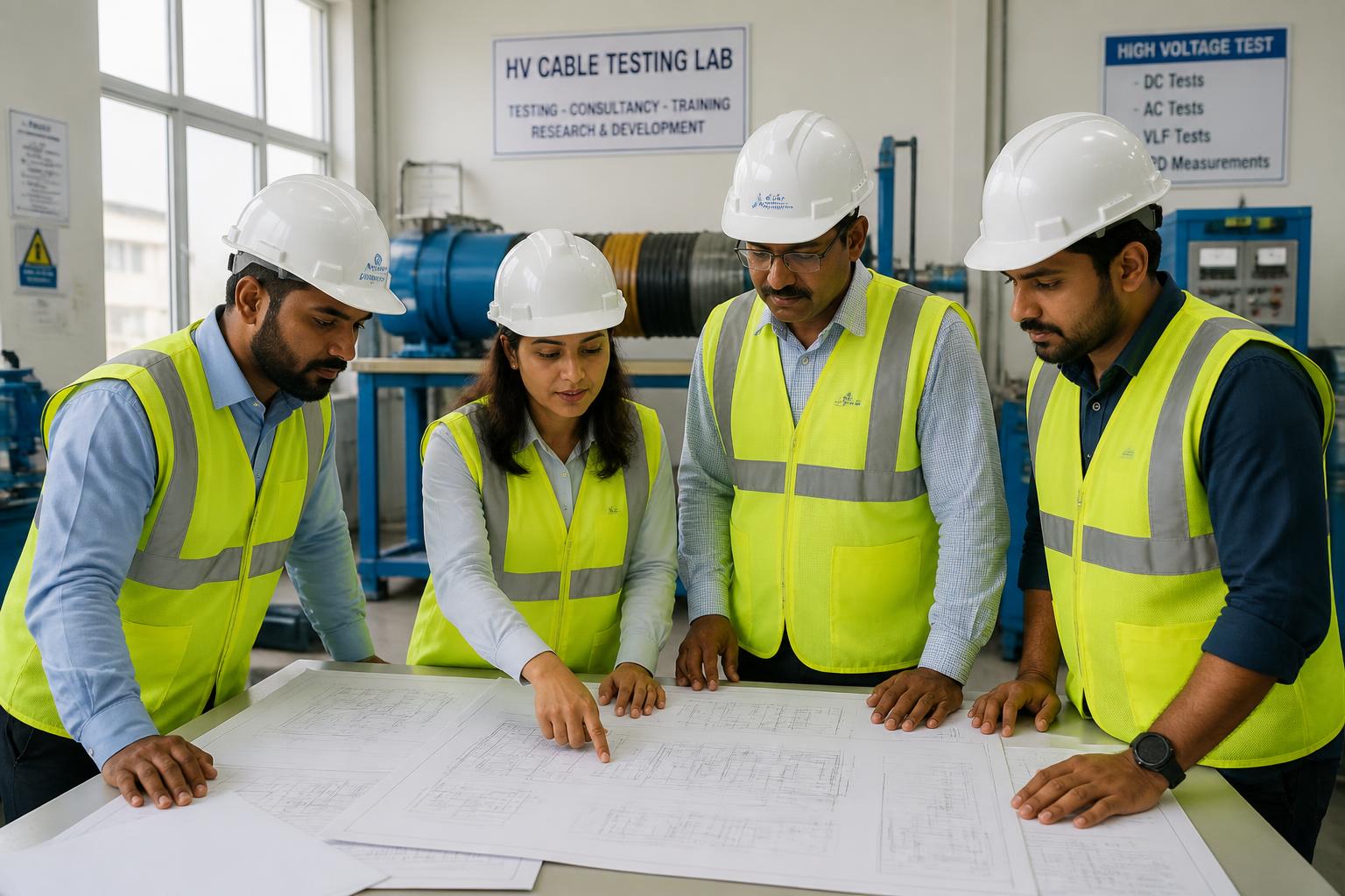 Engineering team reviewing technical drawings in the cable testing laboratory